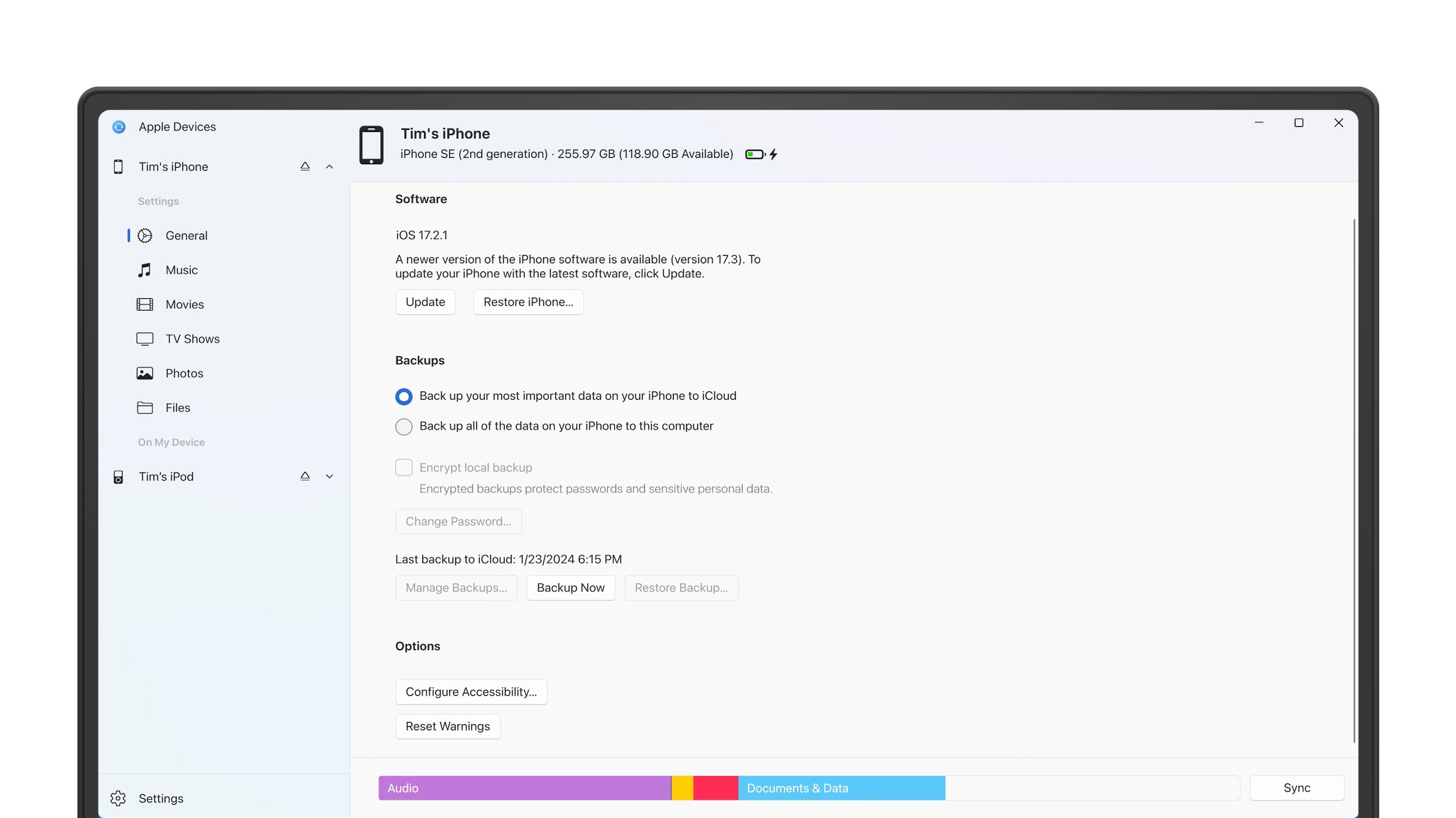 The Apple Devices App on Windows