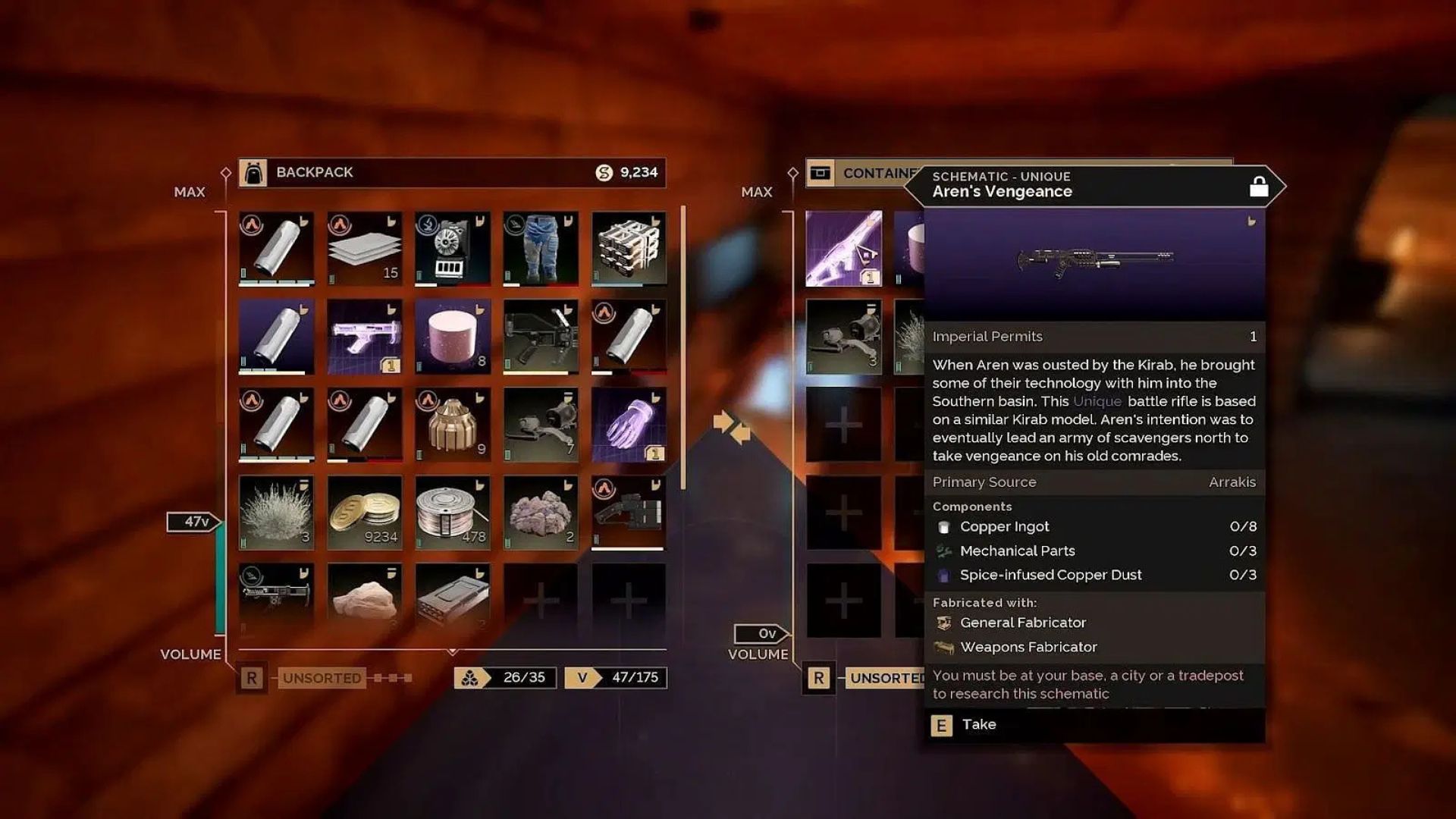 Aren's Vengeance unique weapon schematic location Dune Awakening