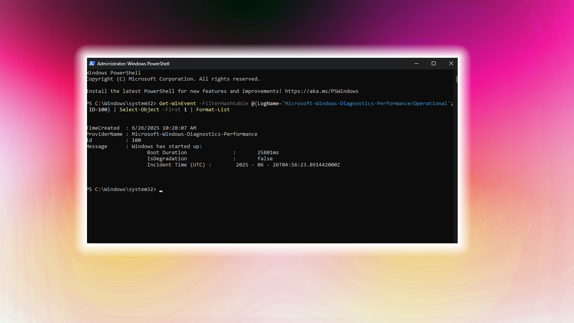 Powershell command to get windows boot time.