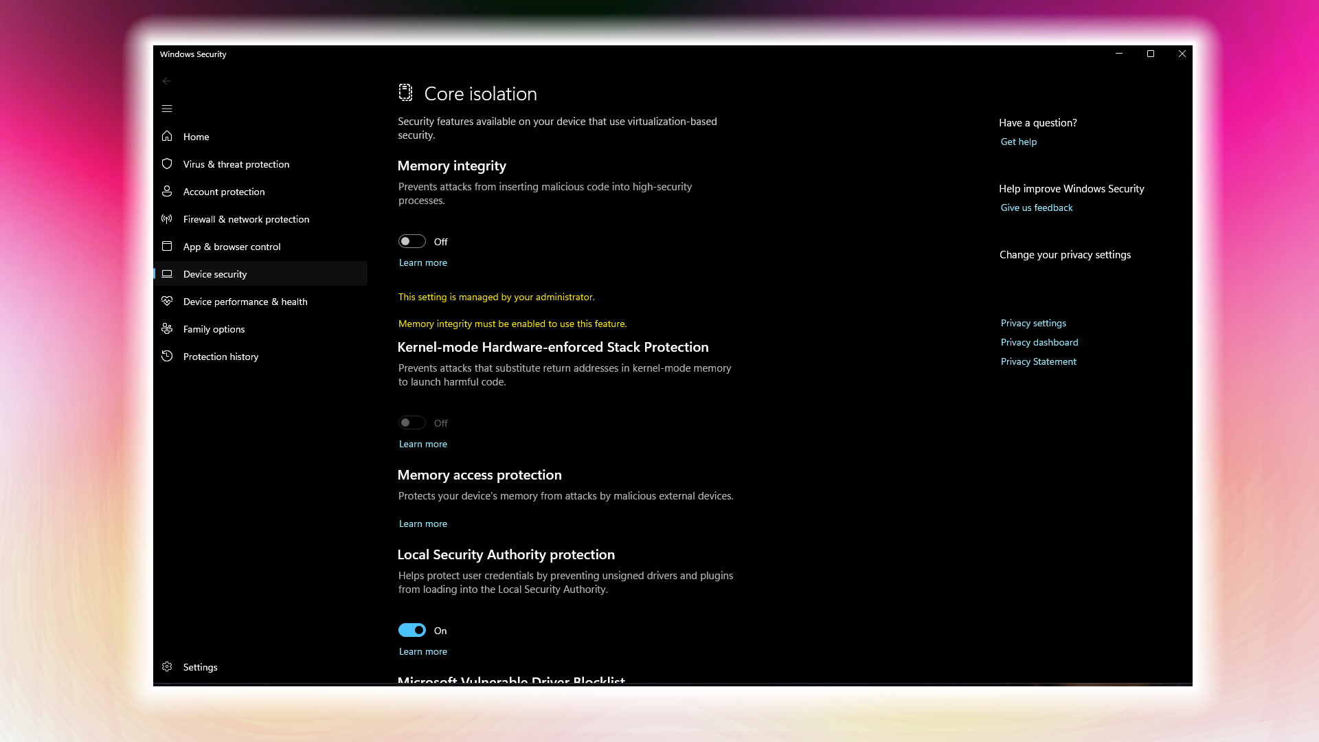 Core Isolation Disabled in Windows 11 24H2 (Image via Microsoft)