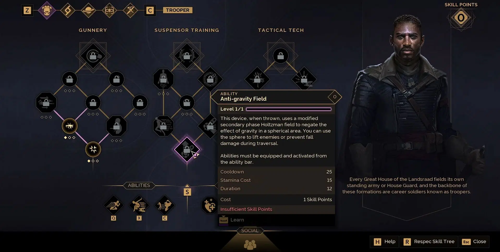 Suspensor Training skill tree for Trooper class (Image via Funcom)