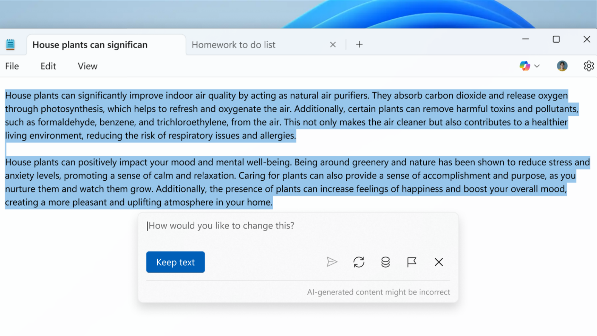 Microsoft Notepad using the AI "Write" feature (Image via Microsoft)