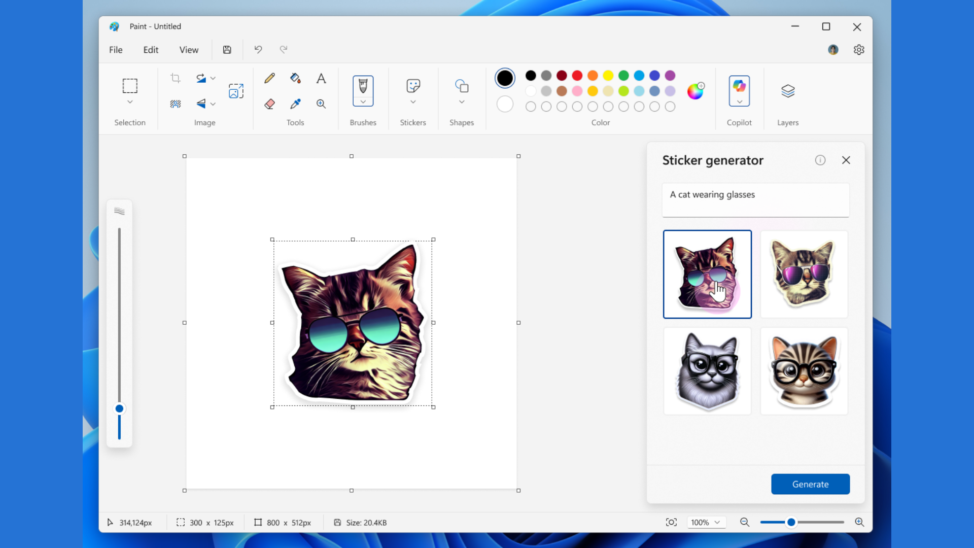 Paint showing a cat with sunglasses (Image via Microsoft)