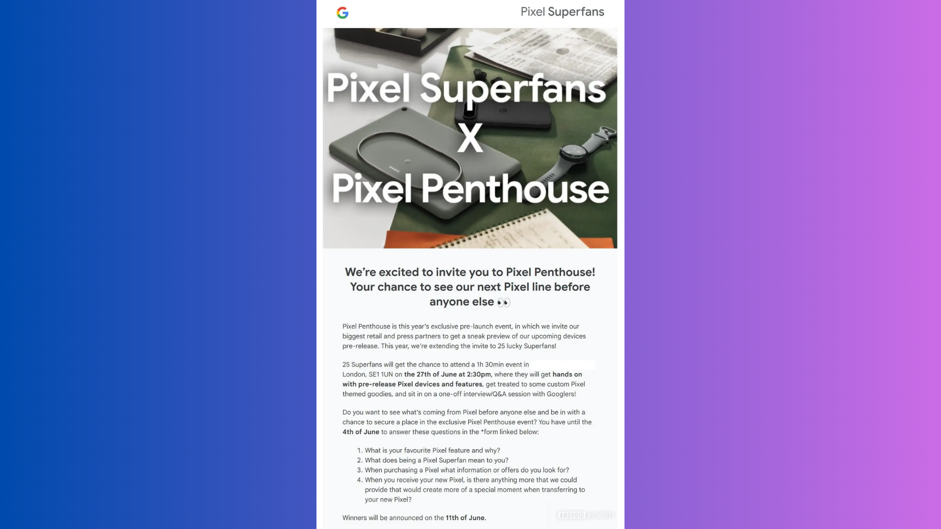 Google Pixel Superfans X Pixel Penthouse invitation (Image via Google)