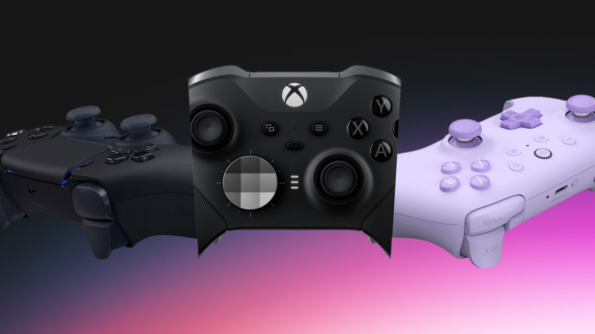 A collage image of Sony DualSense, Xbox Elite Series 2 Core, 8BitDo Ultimate 2C.