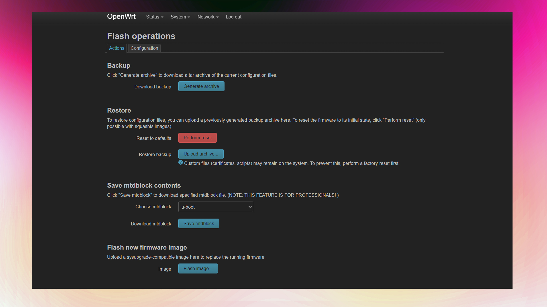 Image showing OpenWRT router software upgrade section
