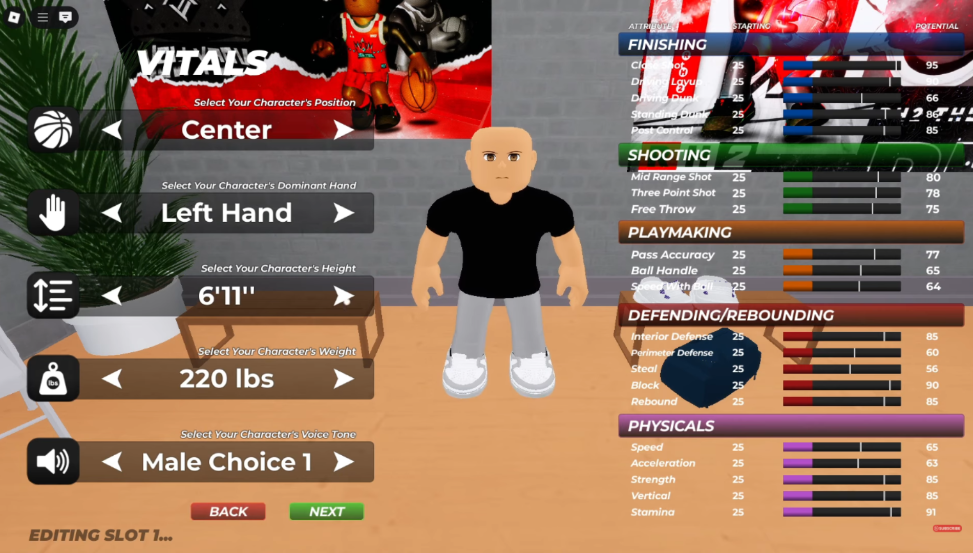 Select your position, height, dominant hand, etc. (Image via BAX Studio | Roblox)