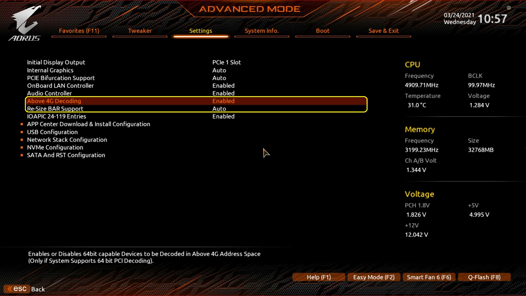 Picture of Above 4G Decoding settings in GIGABYTE BIOS