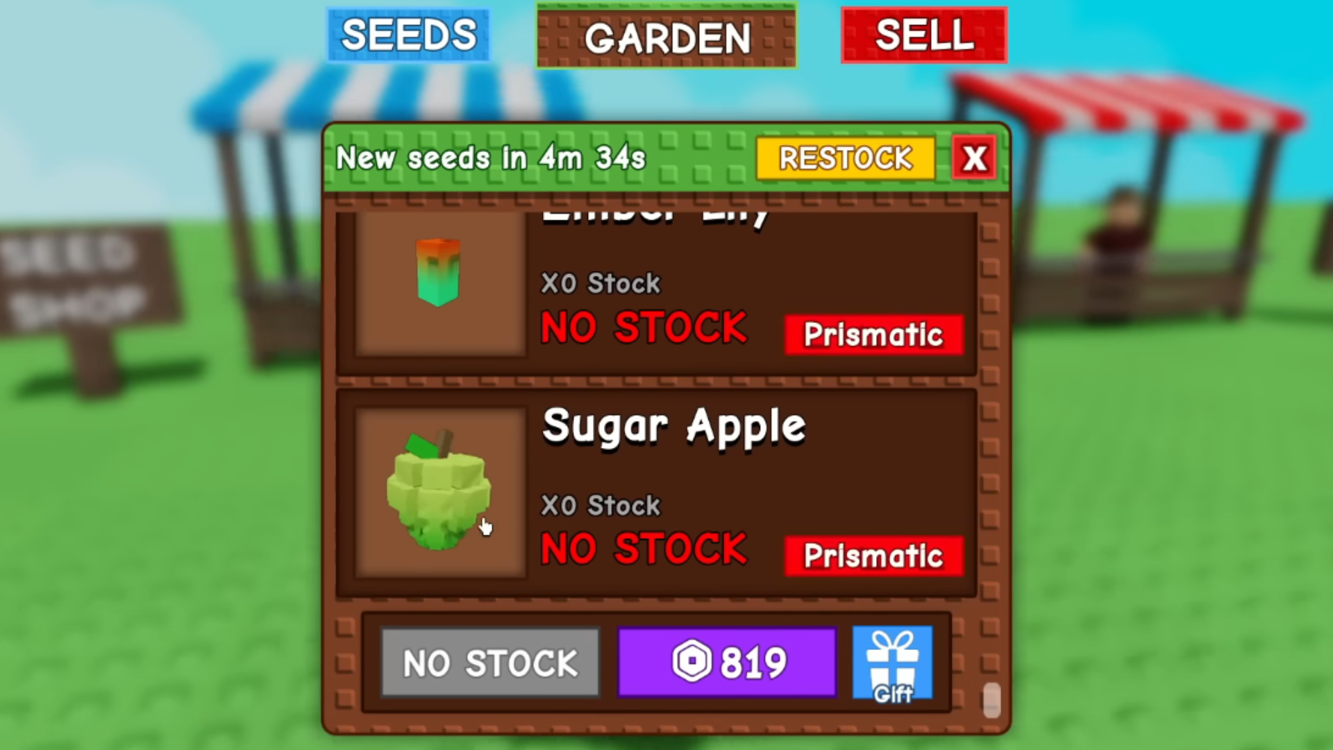 The Sugar Apple is a rare seed, so it might not be available in the Seed Shop always (Image via The Garden Game | Roblox)