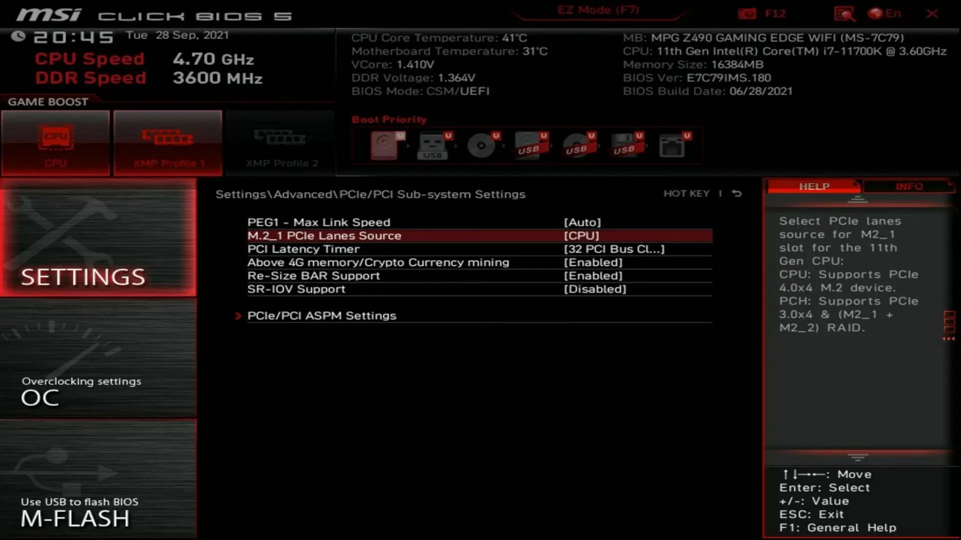 Picture of M.2 lane settings in MSI BIOS
