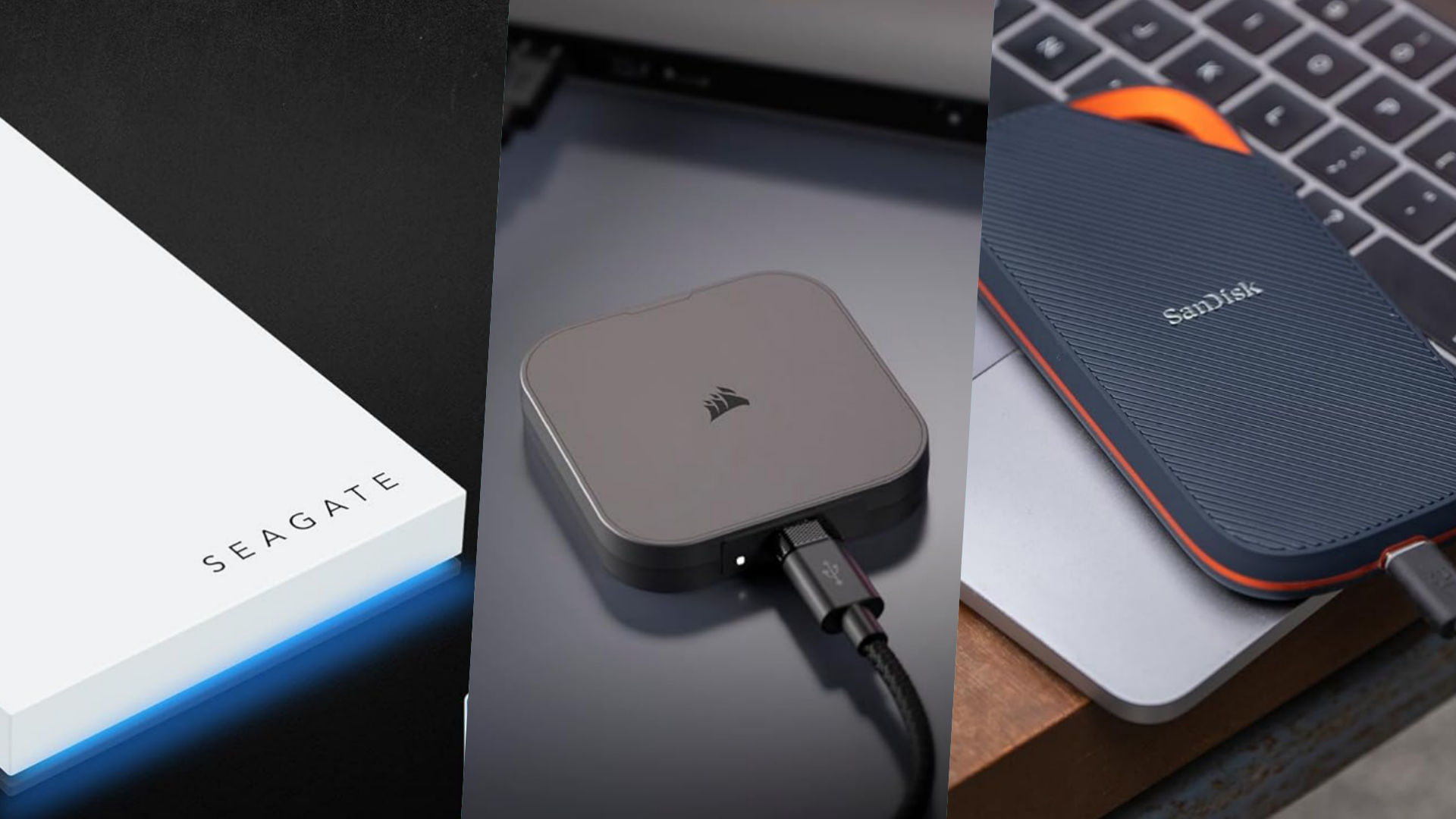 A collage image of SSDs by Corsair, Seagate, and SanDisk