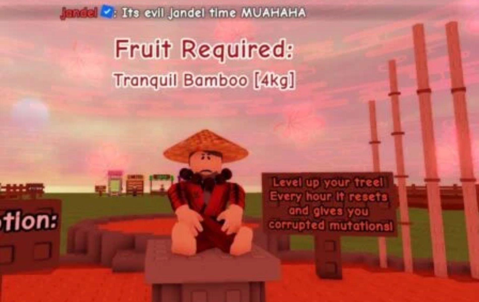 The Corrupt Channeler NPC will ask you to submit Tranquil-mutated fruits (Image via The Garden Game | Roblox)