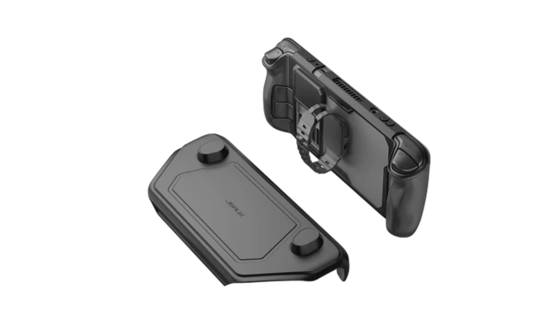 JSAUX ModCase shown with modular grip and battery strap for streamlined on-the-go gaming.
