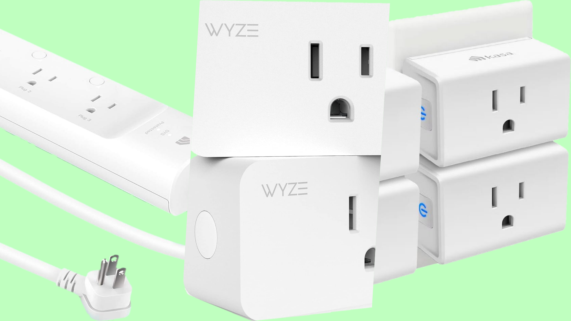 A collage image of smart plugs by TP-Link and Wyze