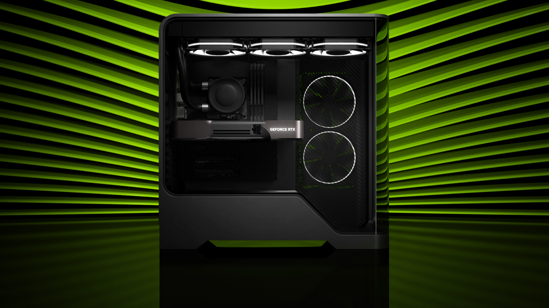 A black gaming PC against a black and green stripped background