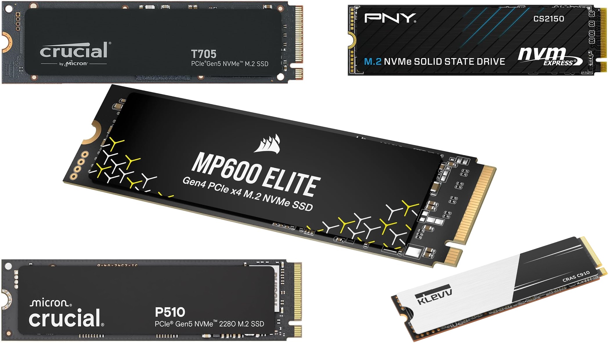 Picture of a collection of PCIe Gen 5 and Gen 4 SSDs