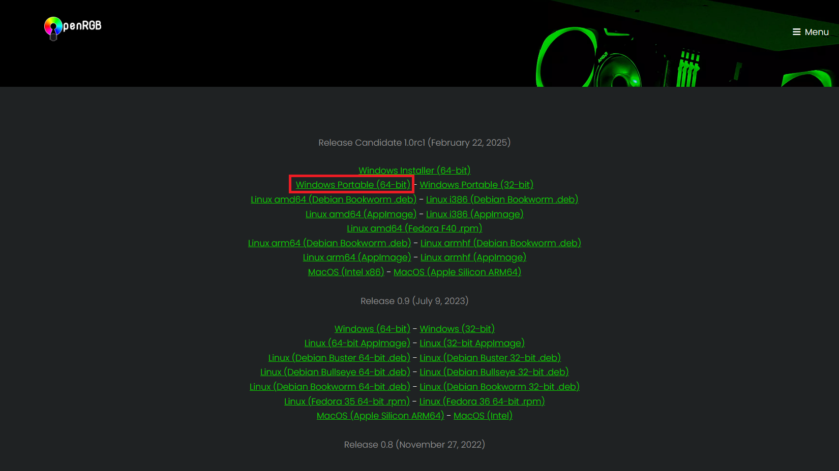 Picture of OpenRGB download page