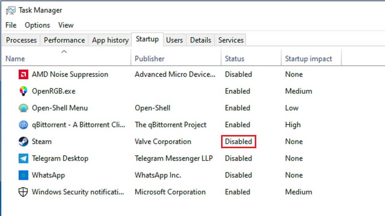 Picture of Windows Task Manager Startup items