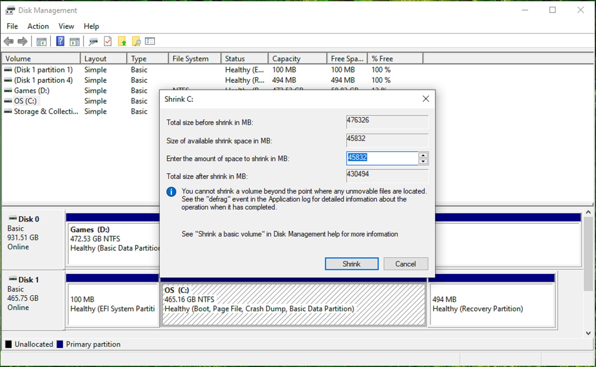 PIcture of the shrinking partition process in the Disk Management application