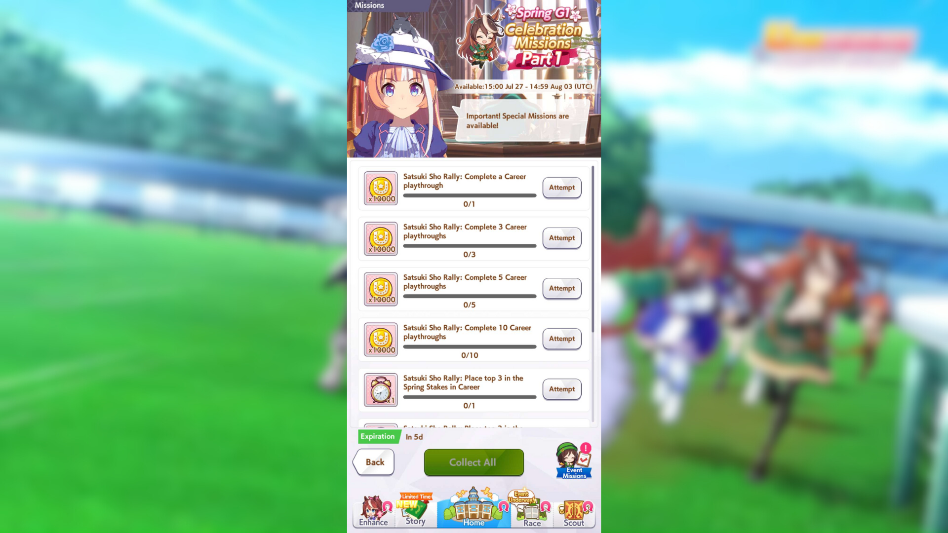 All Satsuki Sho Rally missions in Umamusume Pretty Derby (Image via Cygames Inc.)