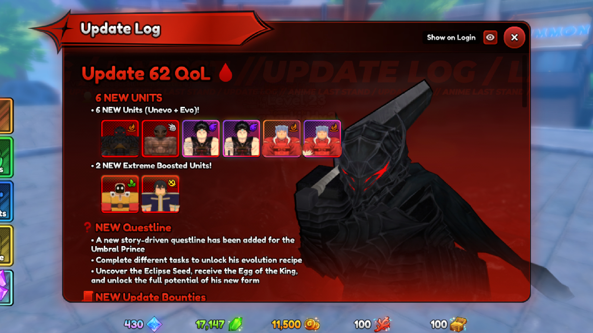 Anime Last Stand Update 62 Log (Image via Roblox Corporation)