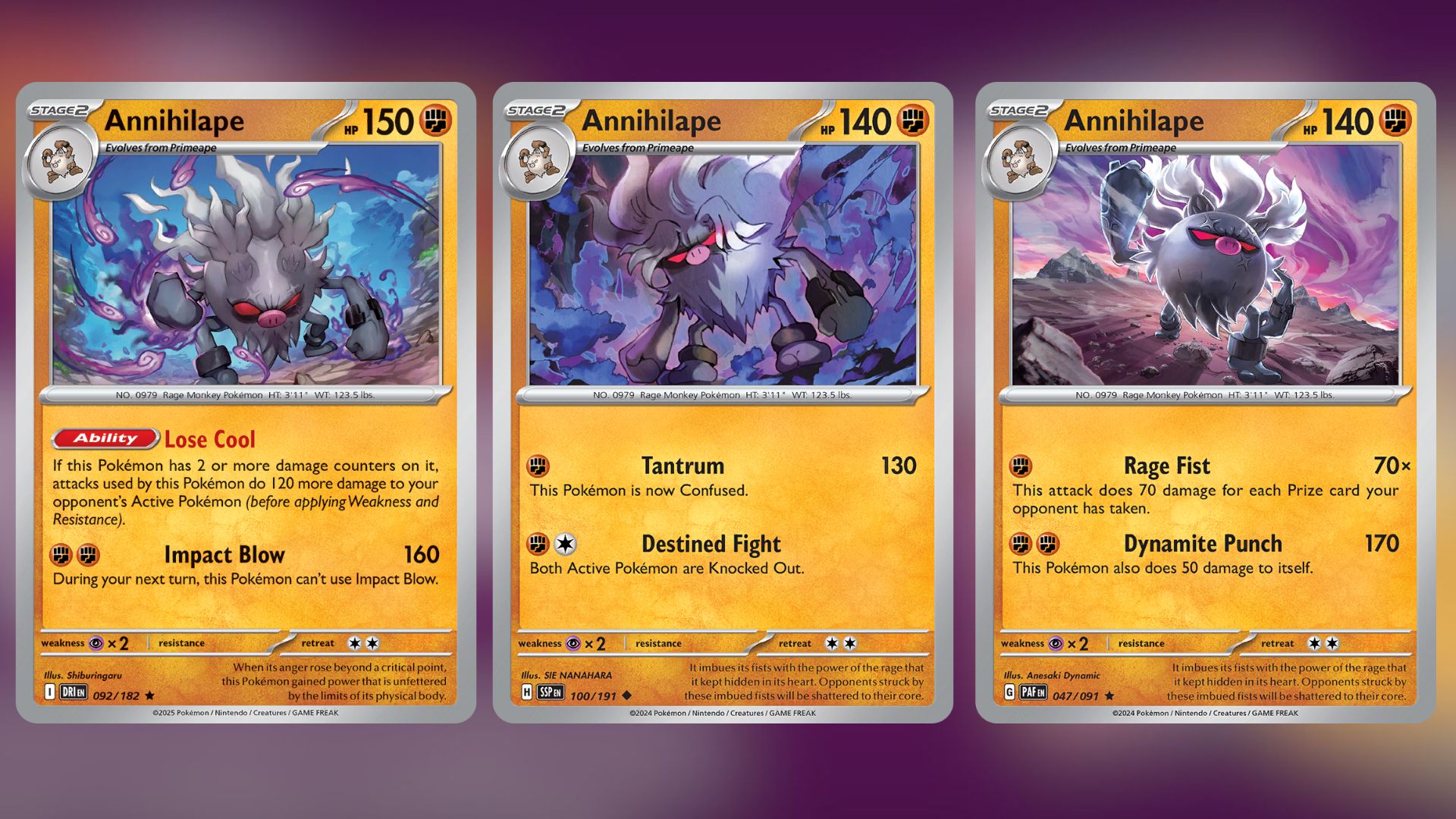 All three Annihilapes in the current Pokemon TCG meta (Image via TPC)