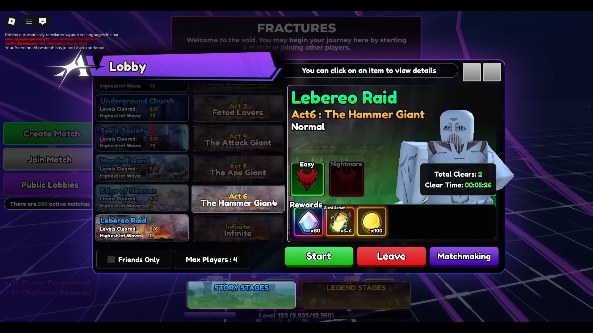 Completing the Acts to unlock more quest for Giant Queen (Image via Roblox)