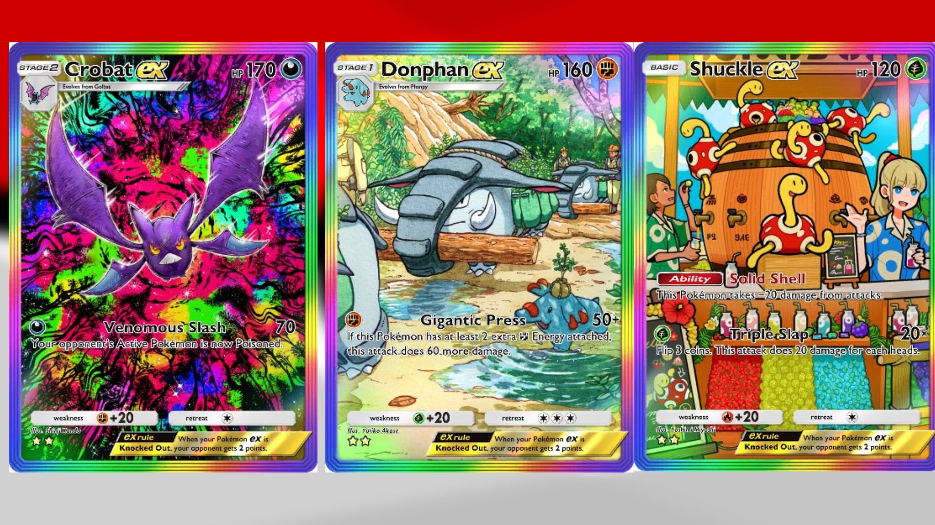 Crobat ex, Donphan ex, and Shuckle ex in Pokemon TCG Pocket (Image via TPC)