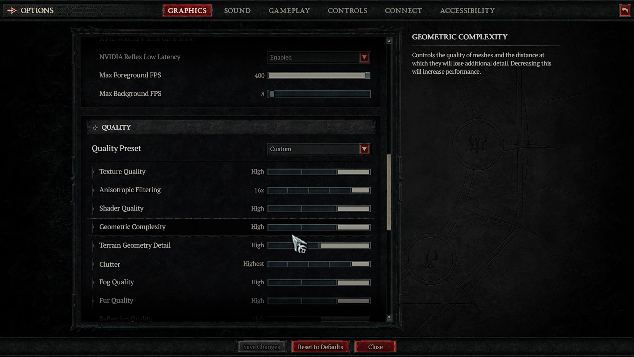 Picture of Diablo 4 graphics settings page