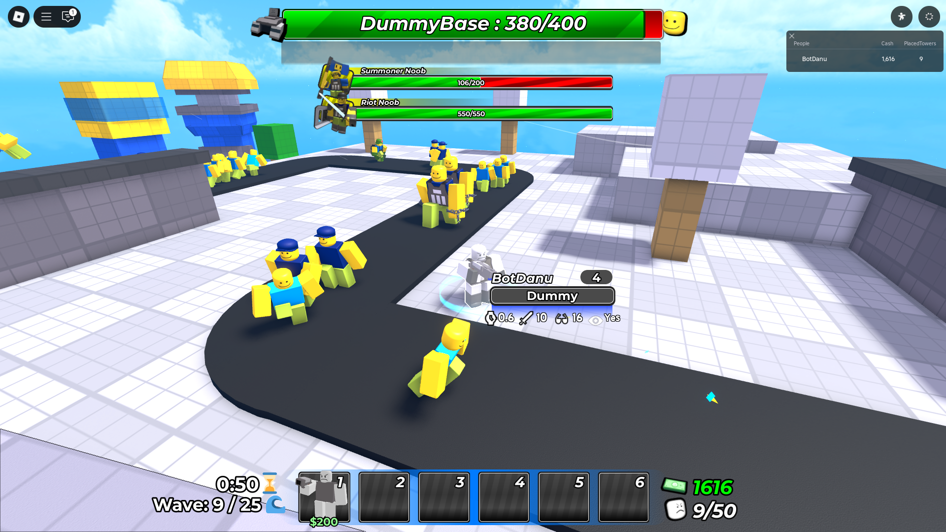 Defending tower from noob army (Image via Roblox)