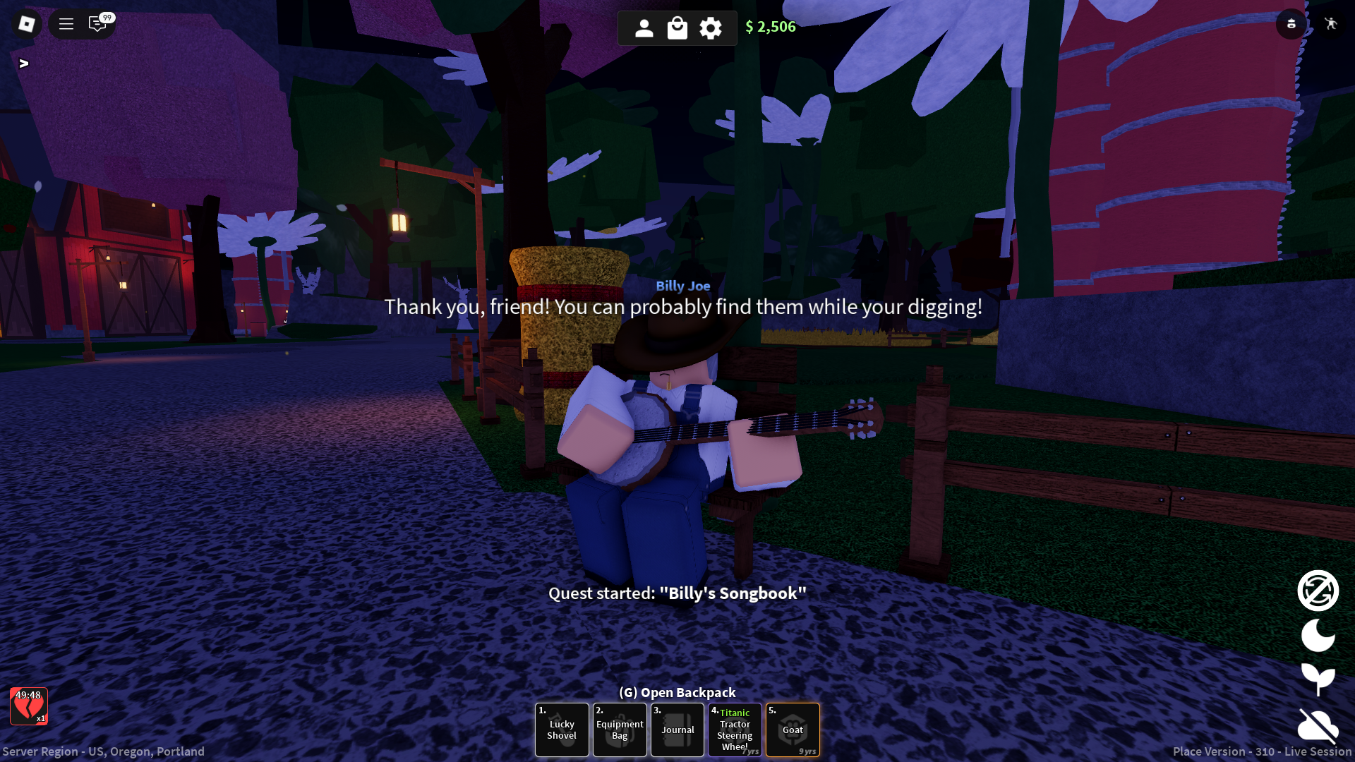 Billy’s Songbook quest in Dig (Image via Roblox)