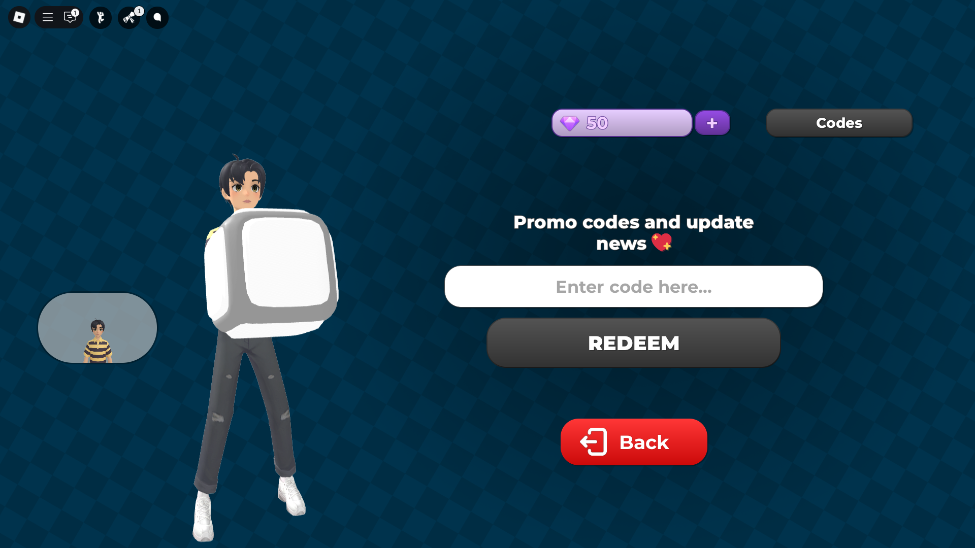 Redeeming codes for free gems (Image via Roblox)