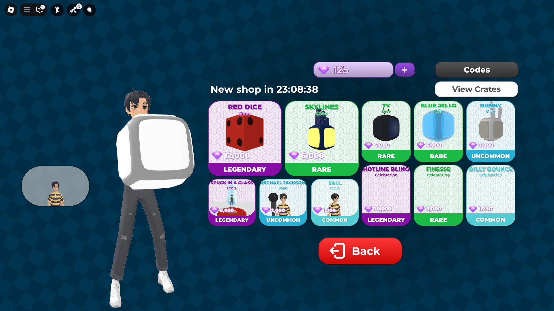 Buying cosmetics and crates from the shop using gems (Image via Roblox)