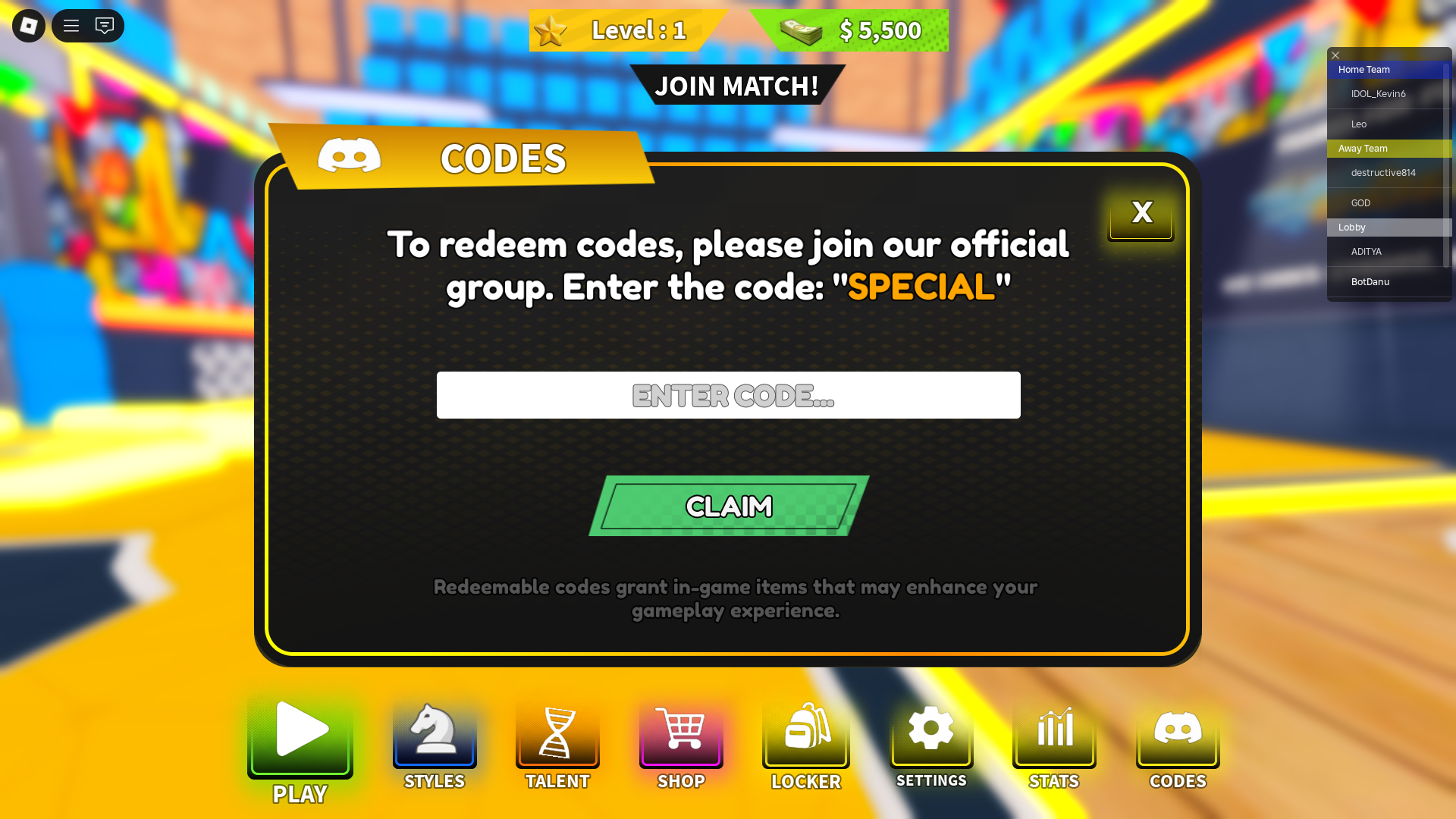 Redeeming codes for free spins (Image via Roblox)