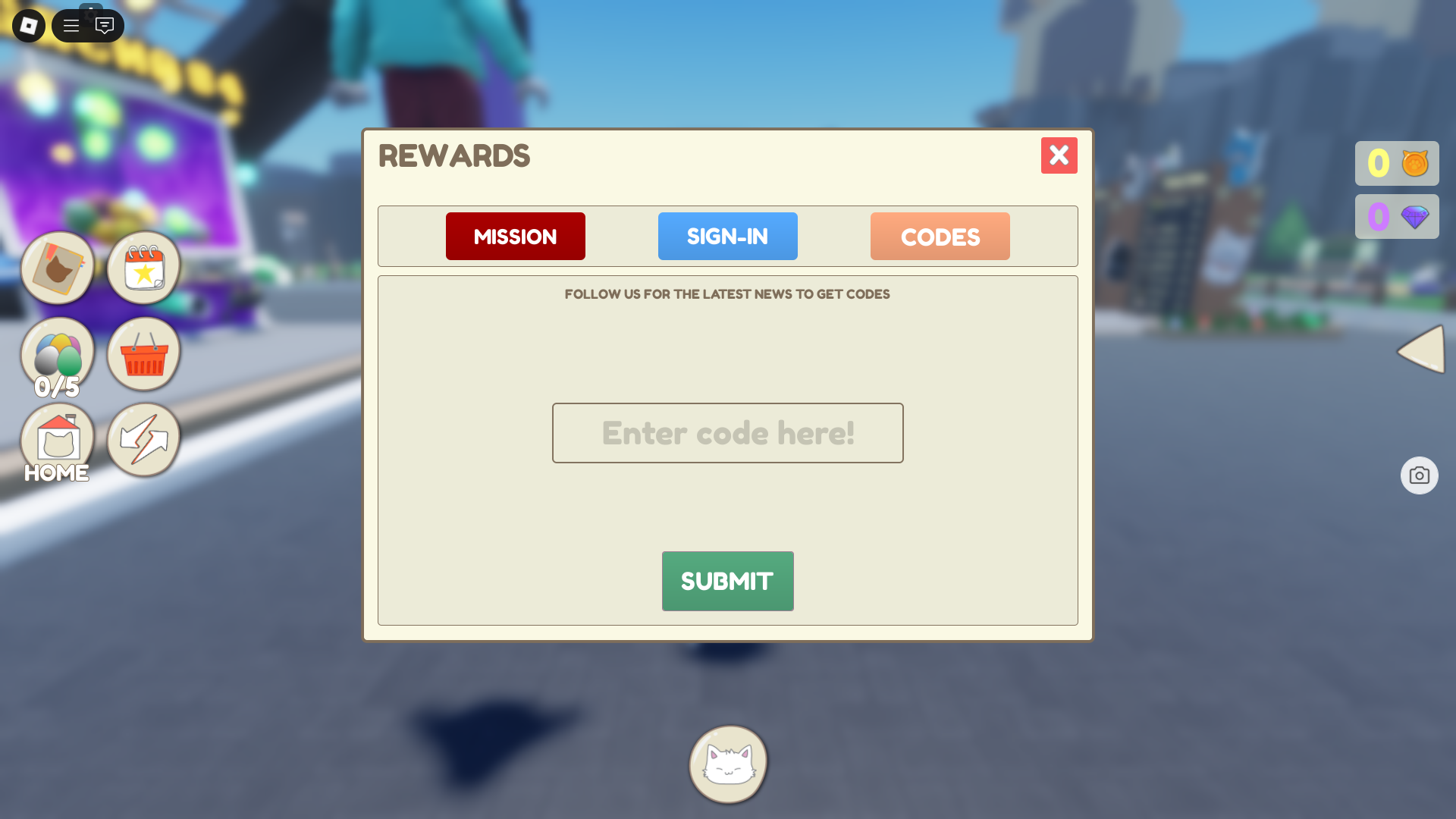 Redeeming codes for free rewards (Image via Roblox)