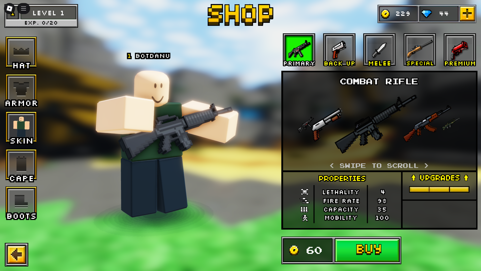 Buying new guns with free coins (Image via Roblox)