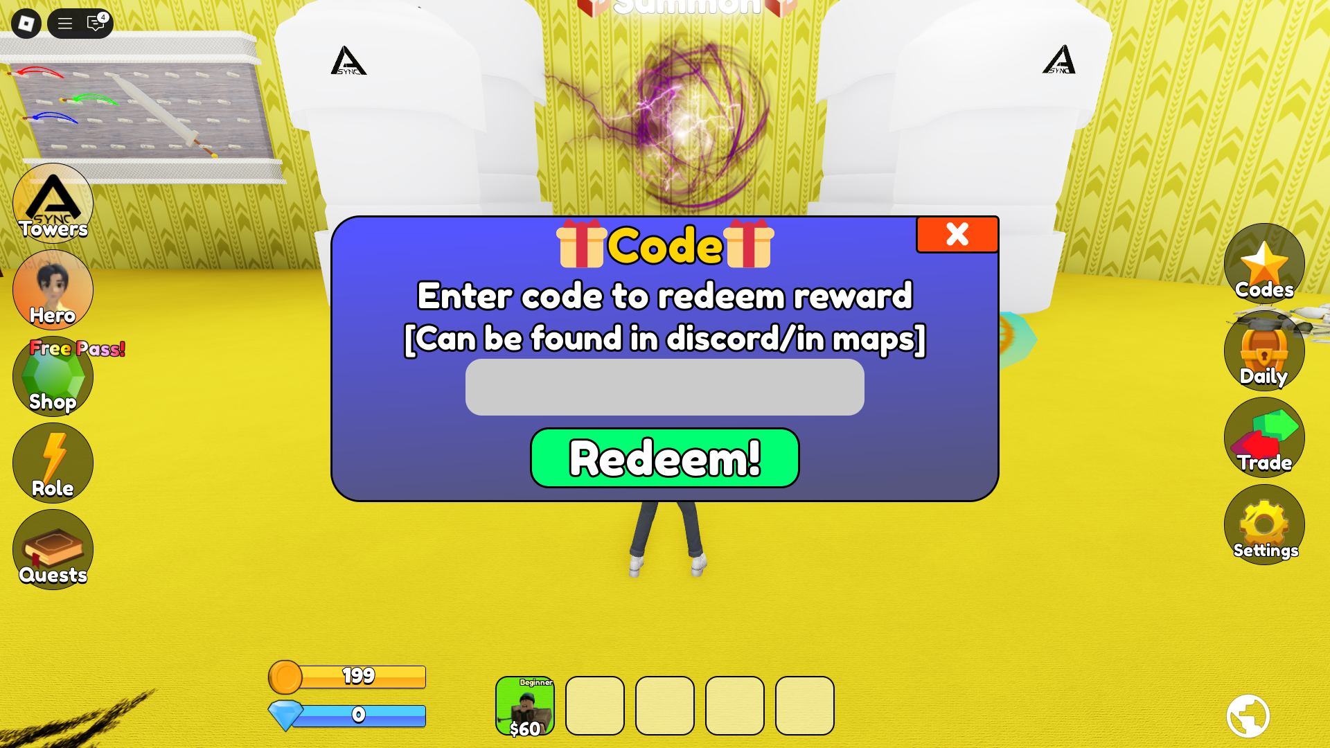 Redeeming codes for free coins (Image via Roblox)