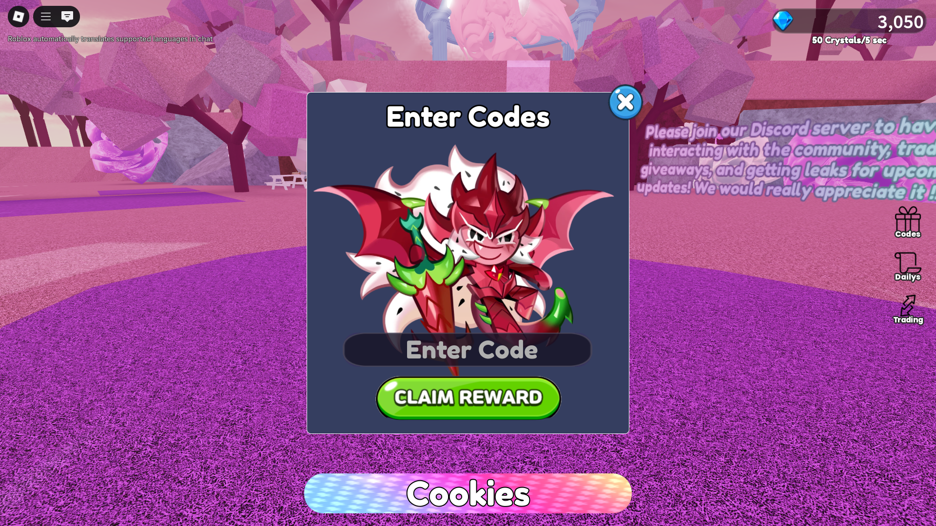 Redeeming codes for crystals (Image via Roblox)