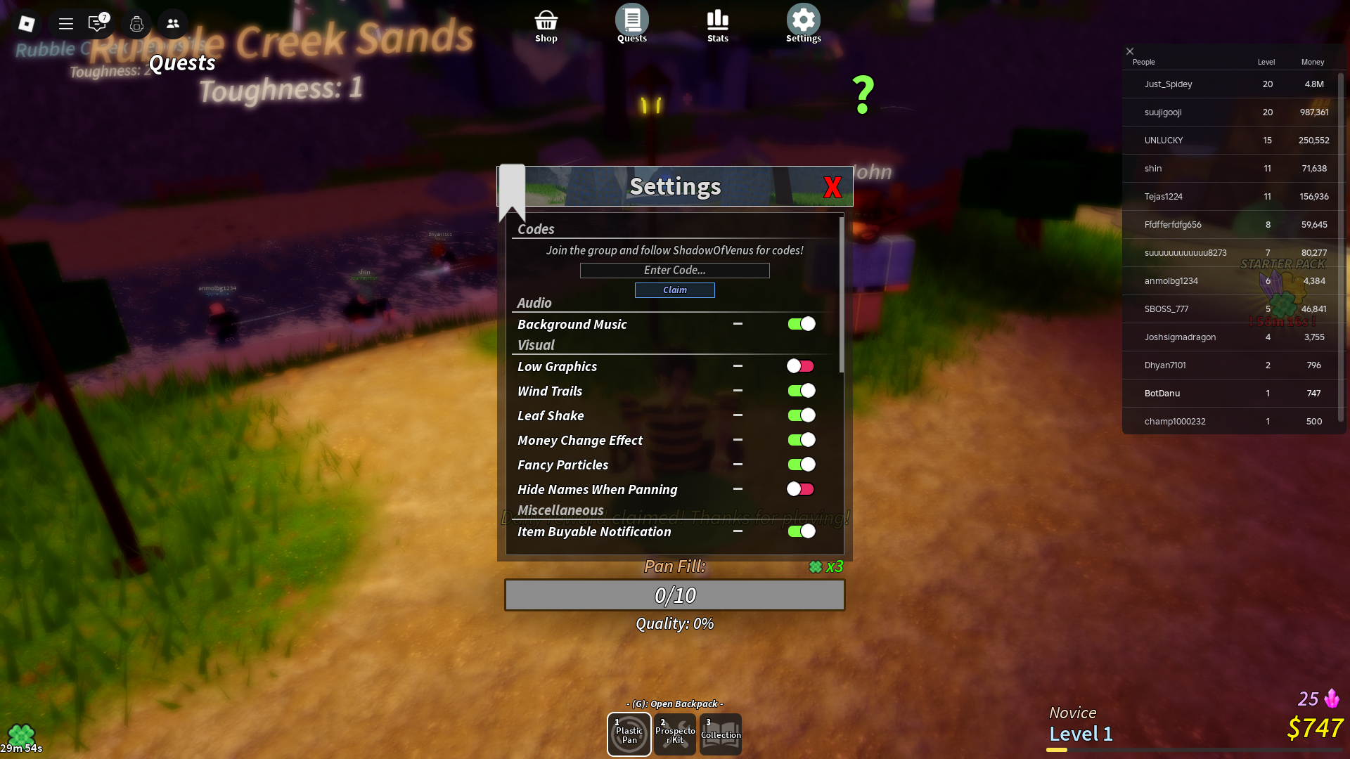 Redeeming codes for free cash (Image via Roblox)