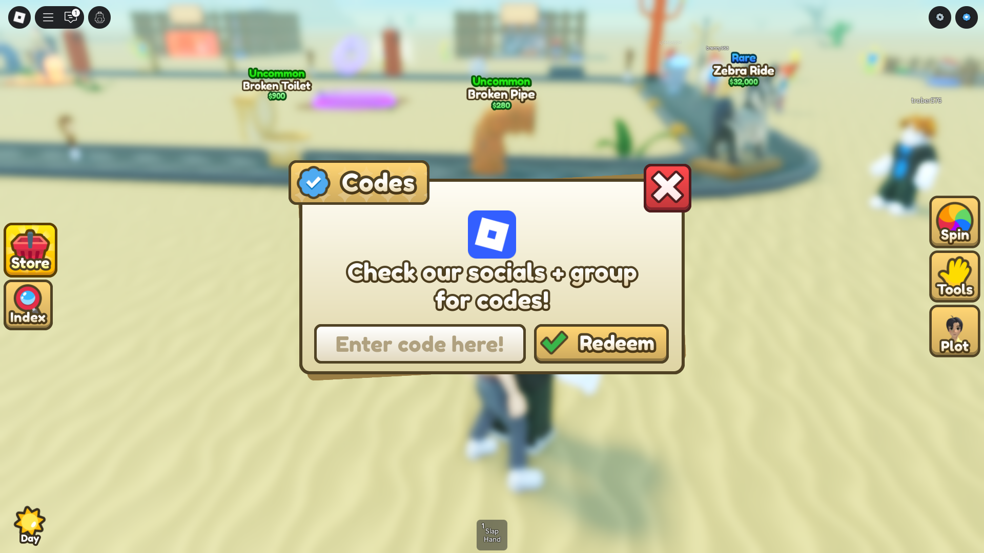 Redeeming codes for free rewards (Image via Roblox)