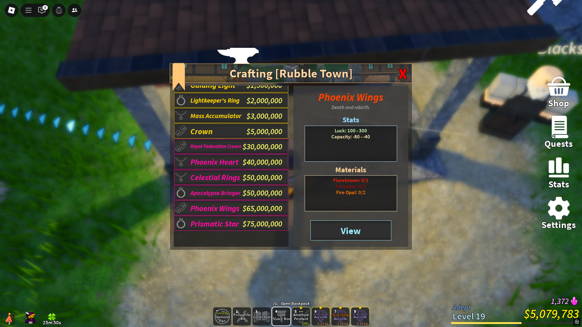 Crafting Phoenix wings in Prospecting (Image via Roblox)