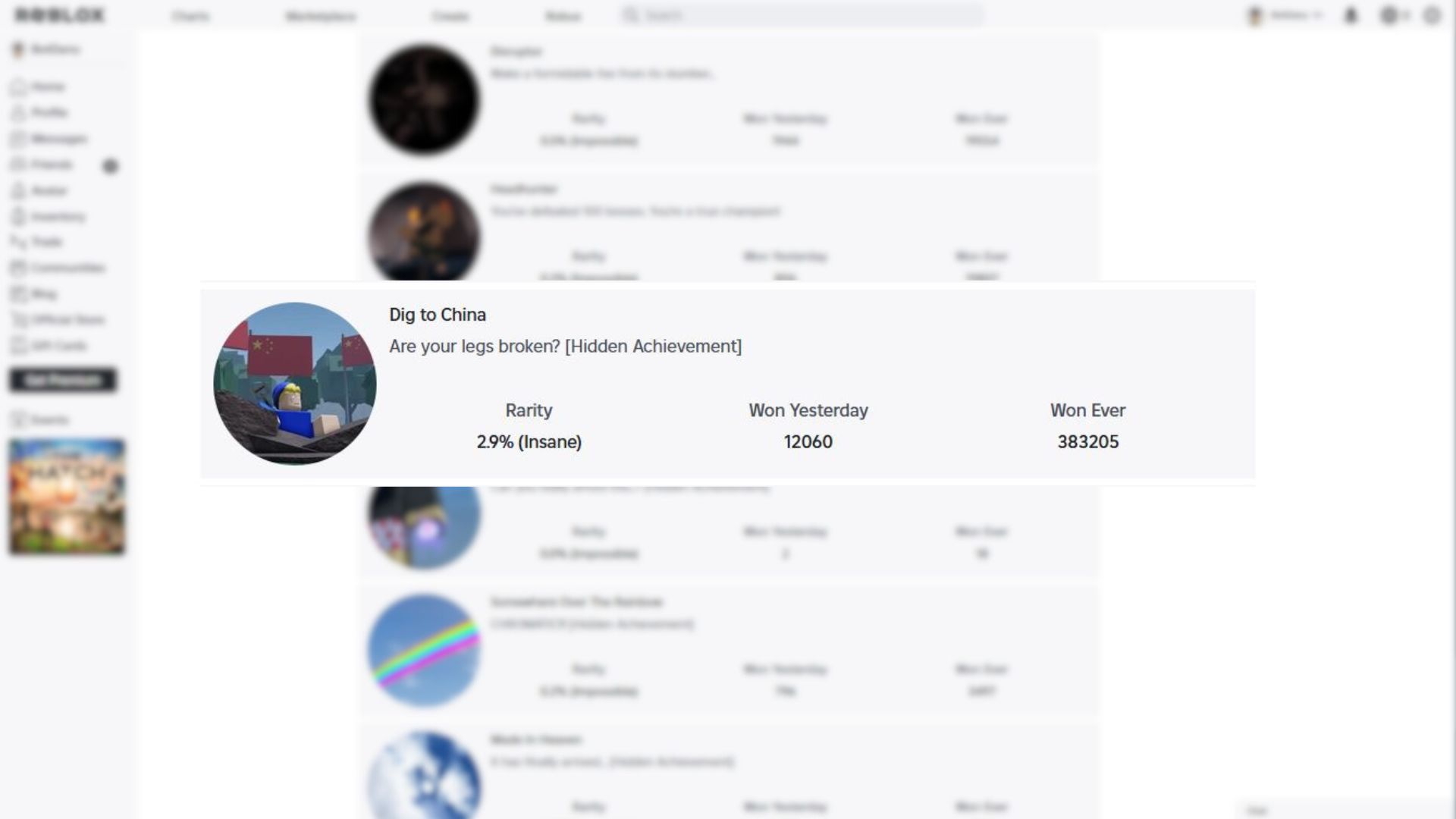 Dig to China Achievement (Image via Roblox)