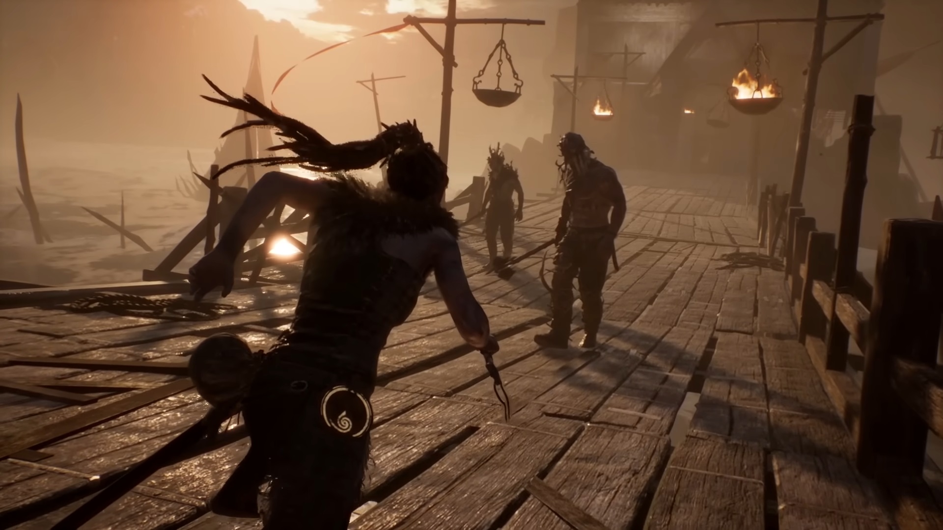 Picture describes Senua fighting Northmen on the Bridge to Helheim