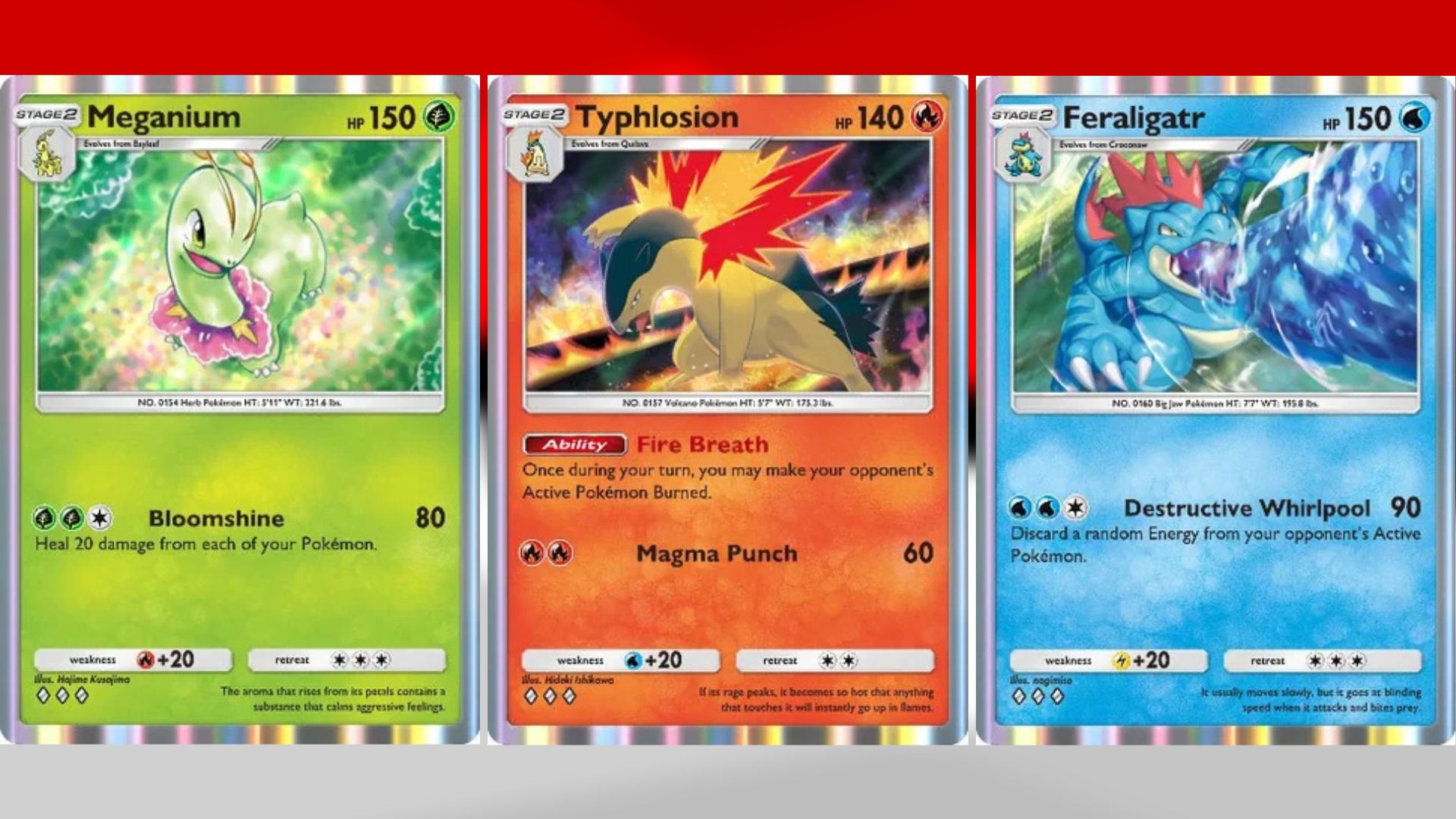Meganium, Typhlosion, and Feraligatr from the new Wisdom of Sea and Sky expansion (Image via TPC)