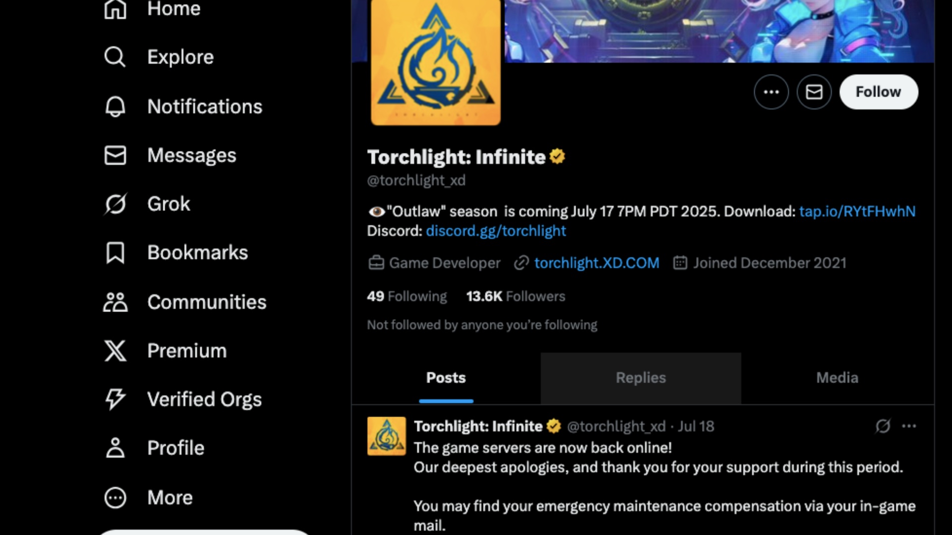 Check the official server status (Image via X/Torchlight Infinite)
