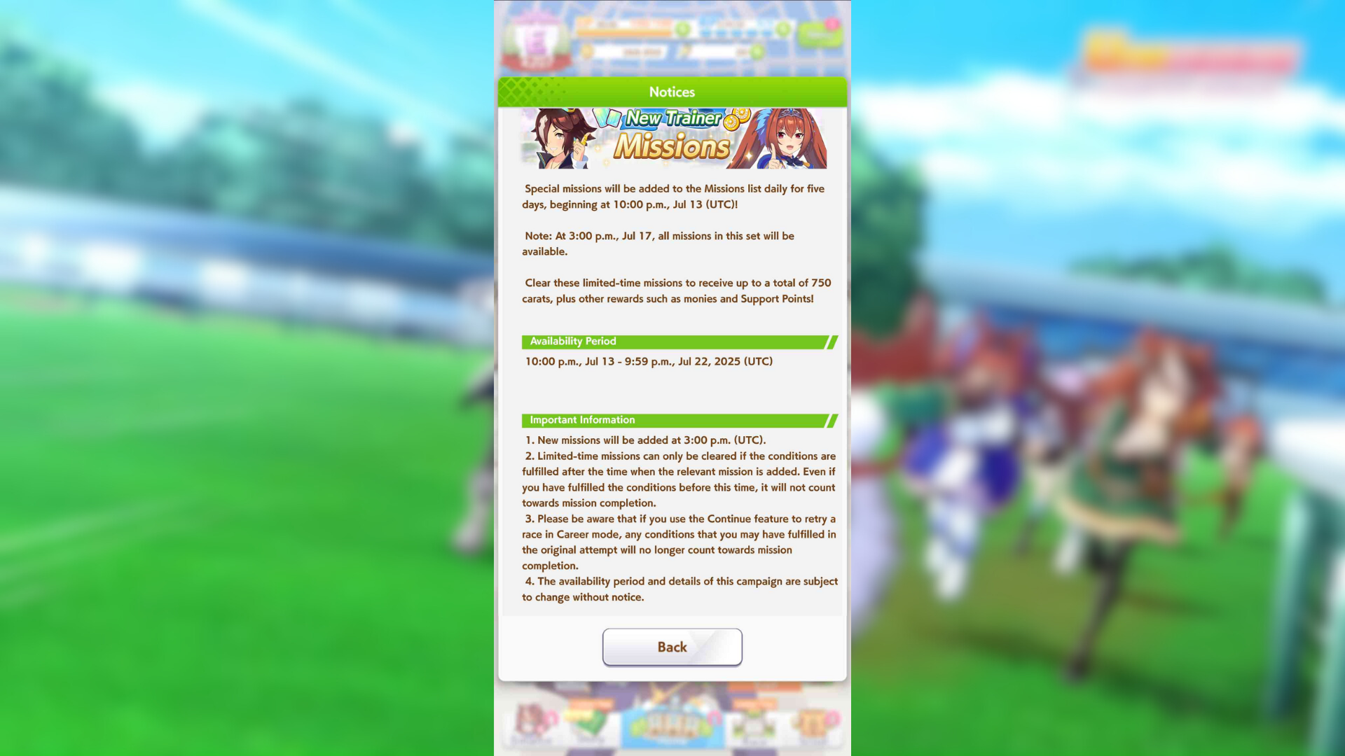 New Trainer Missions notice page in Umamusume Pretty Derby (Image via Cygames Inc.)