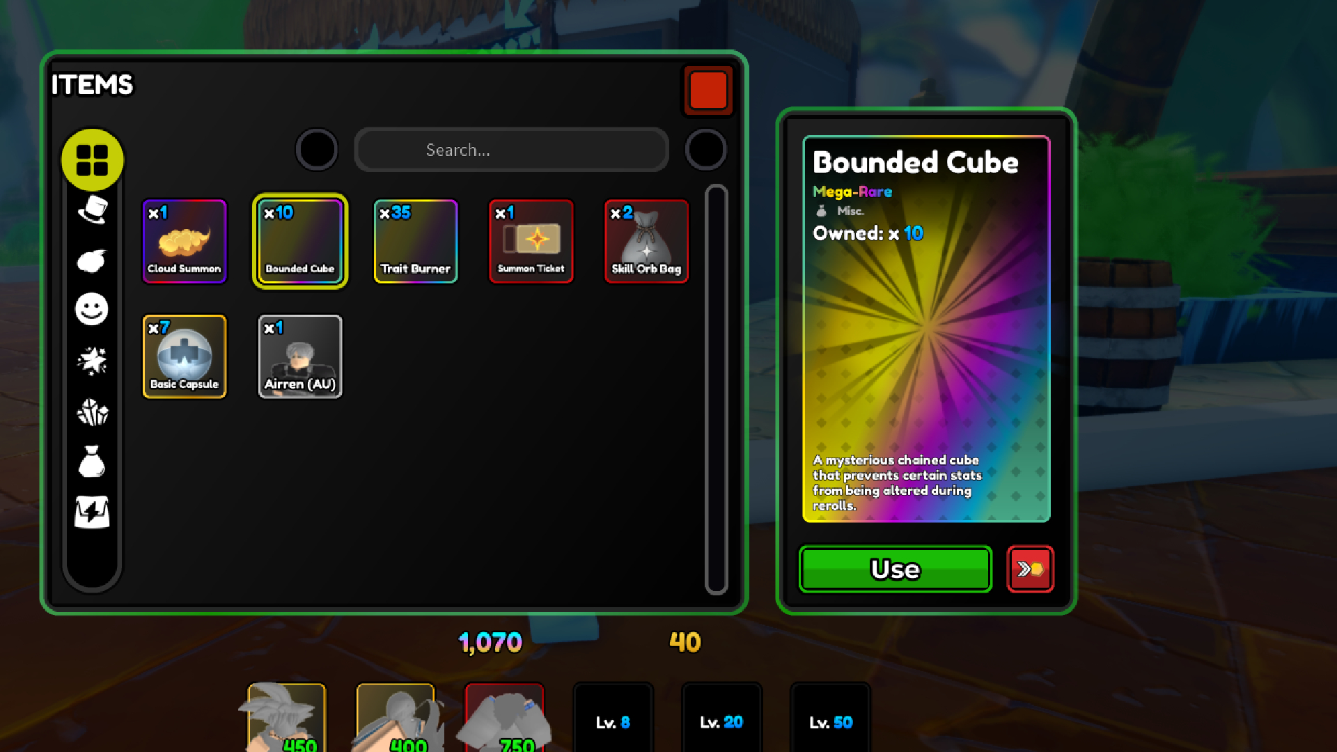 Open Items menu to use the rewards (Image via Roblox Corporation)