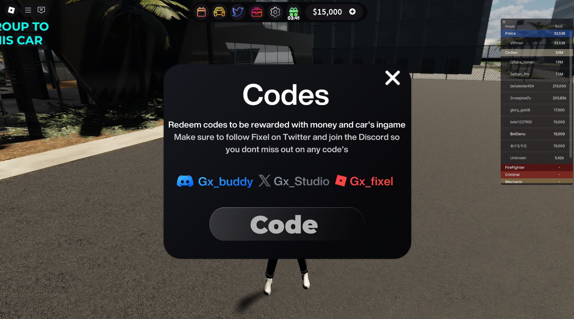Redeeming codes for free Million Dollars (Image via Roblox)