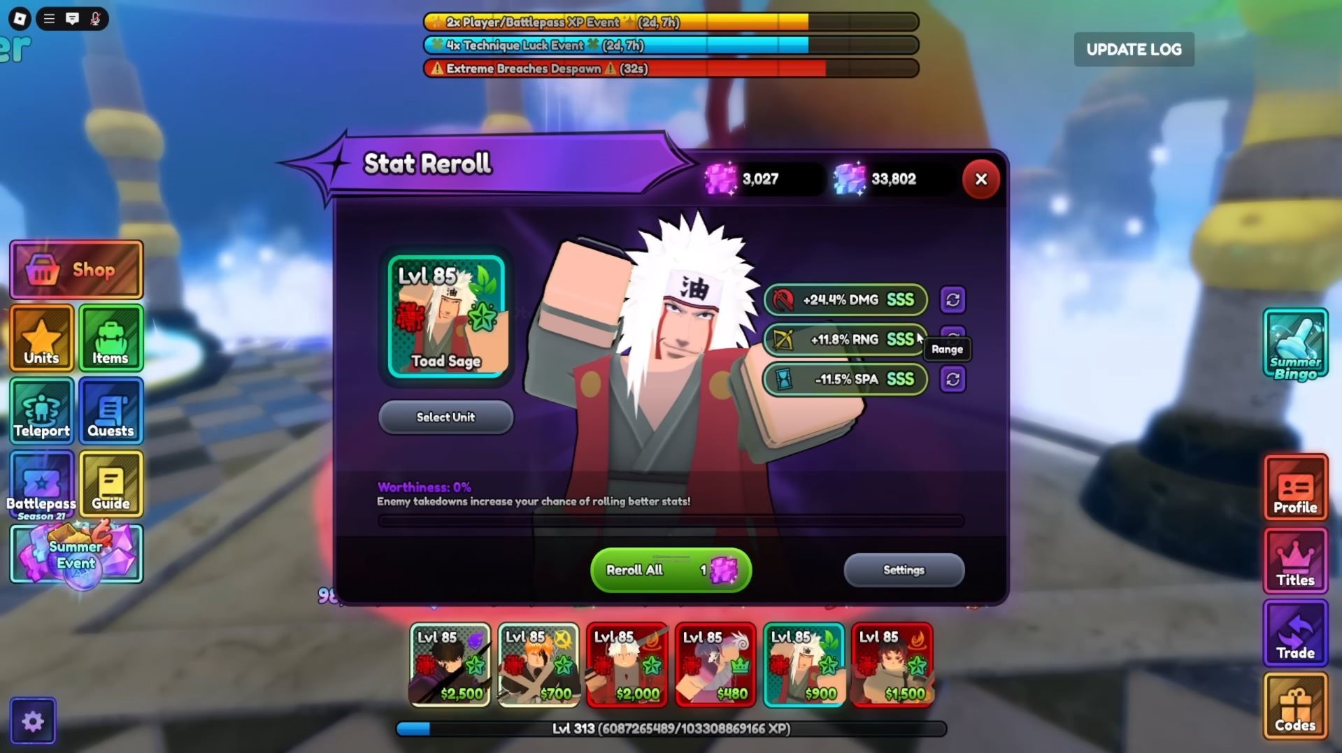 Rerolling Stats of Jiraiya (Image via Roblox)