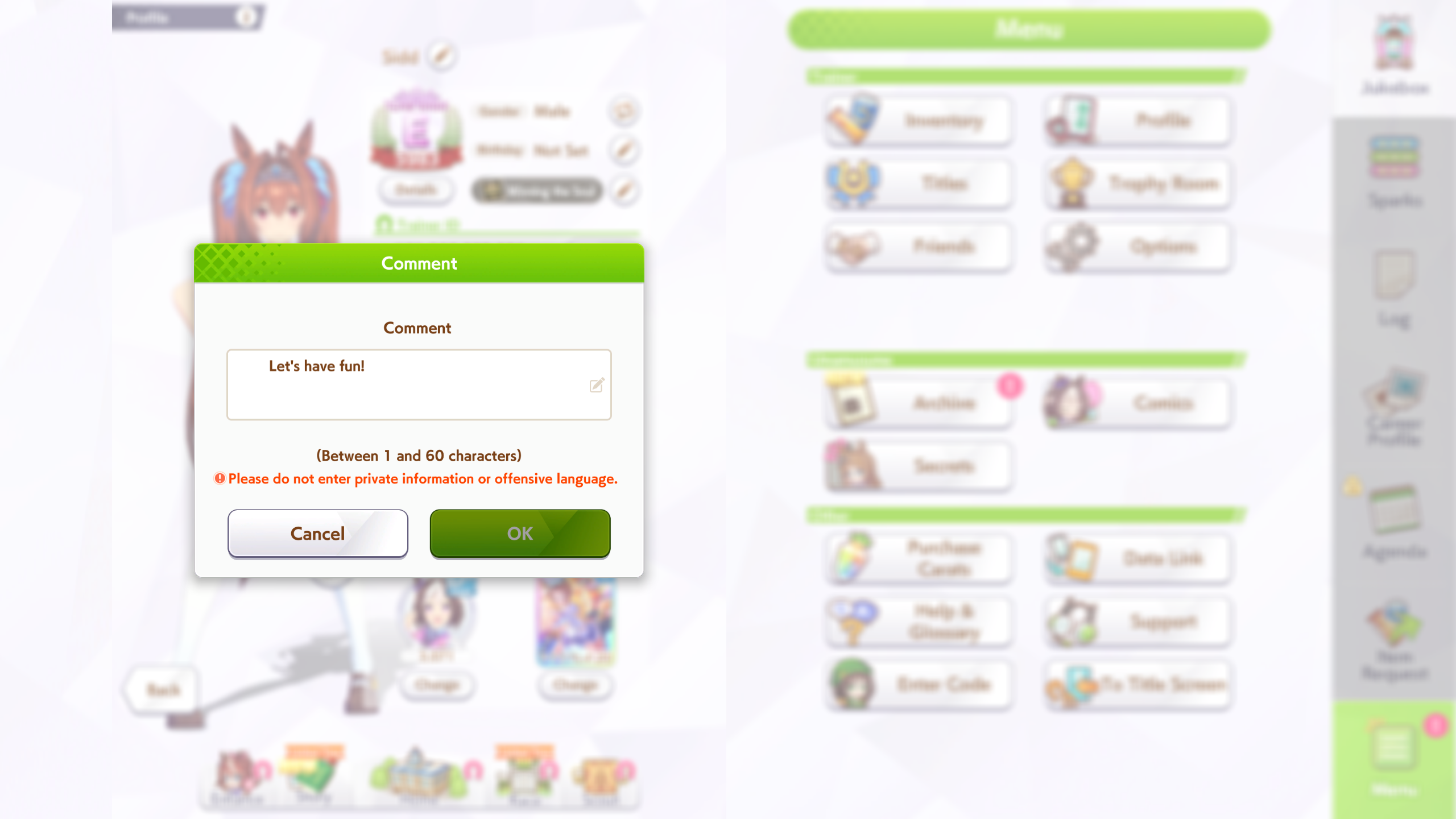 How to add a comment in Umamusume Pretty Derby (Image via Cygames | Deltia's Gaming)